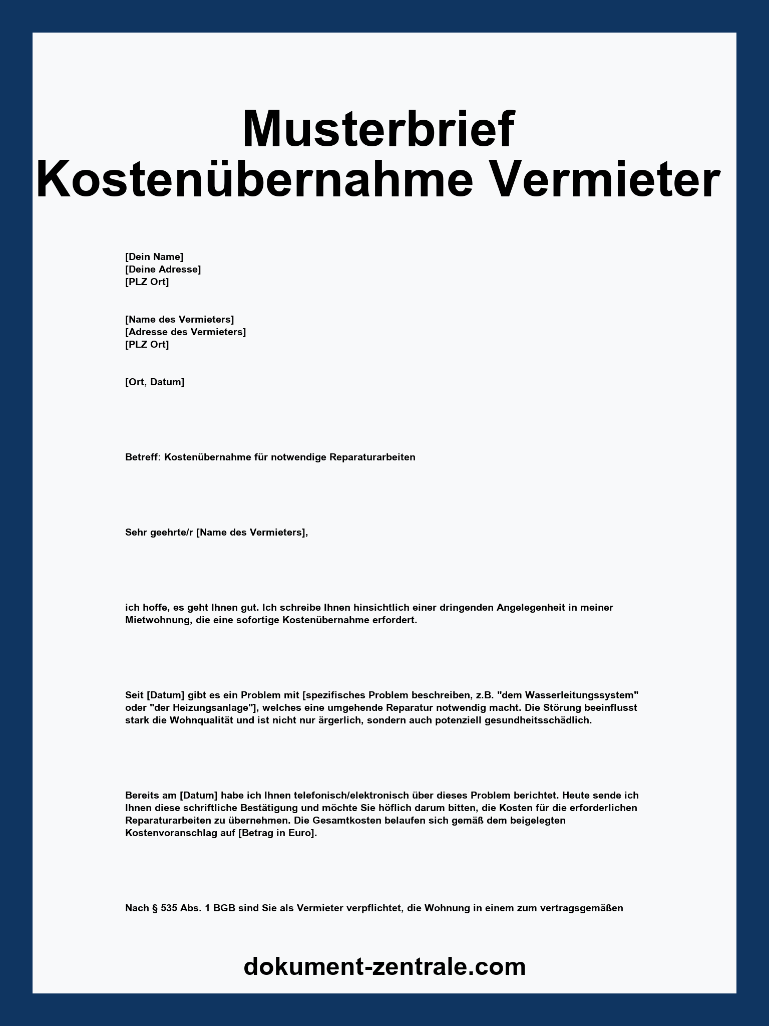 Musterbrief Kostenübernahme Vermieter