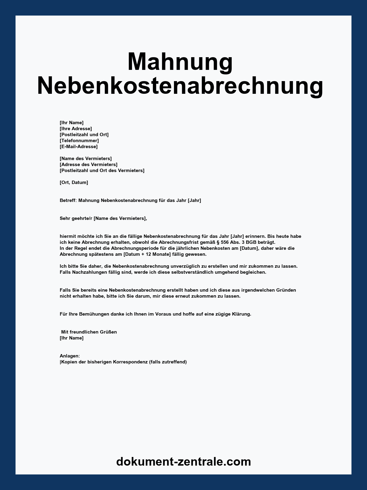 Mahnung Nebenkostenabrechnung - PDF Kostenlos