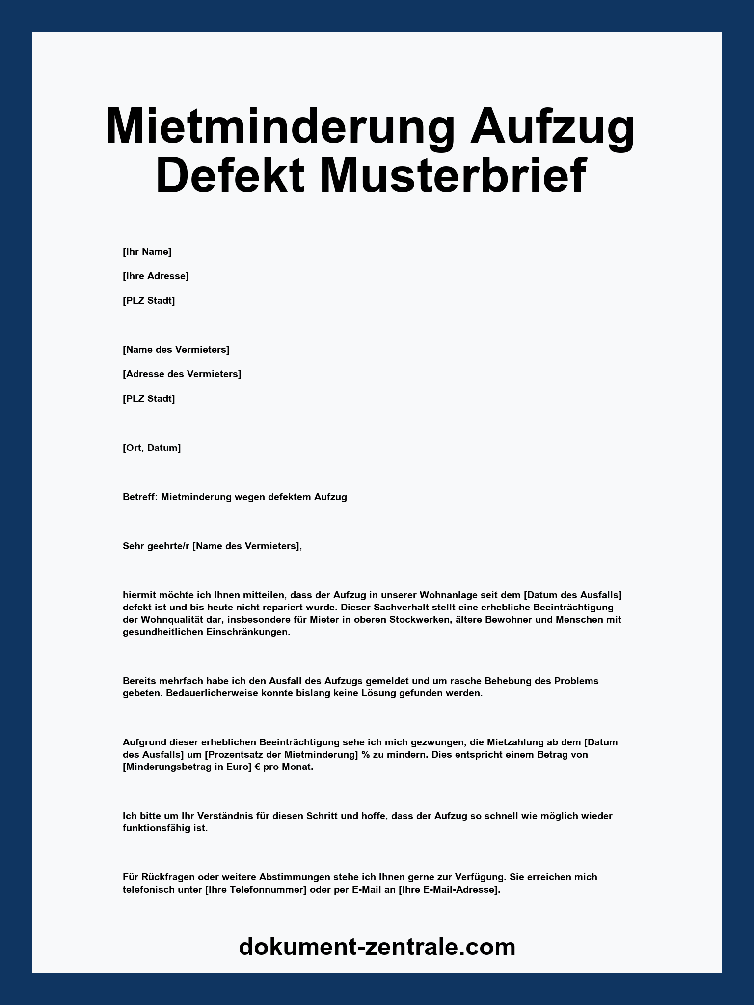 Mietminderung Aufzug Defekt Musterbrief