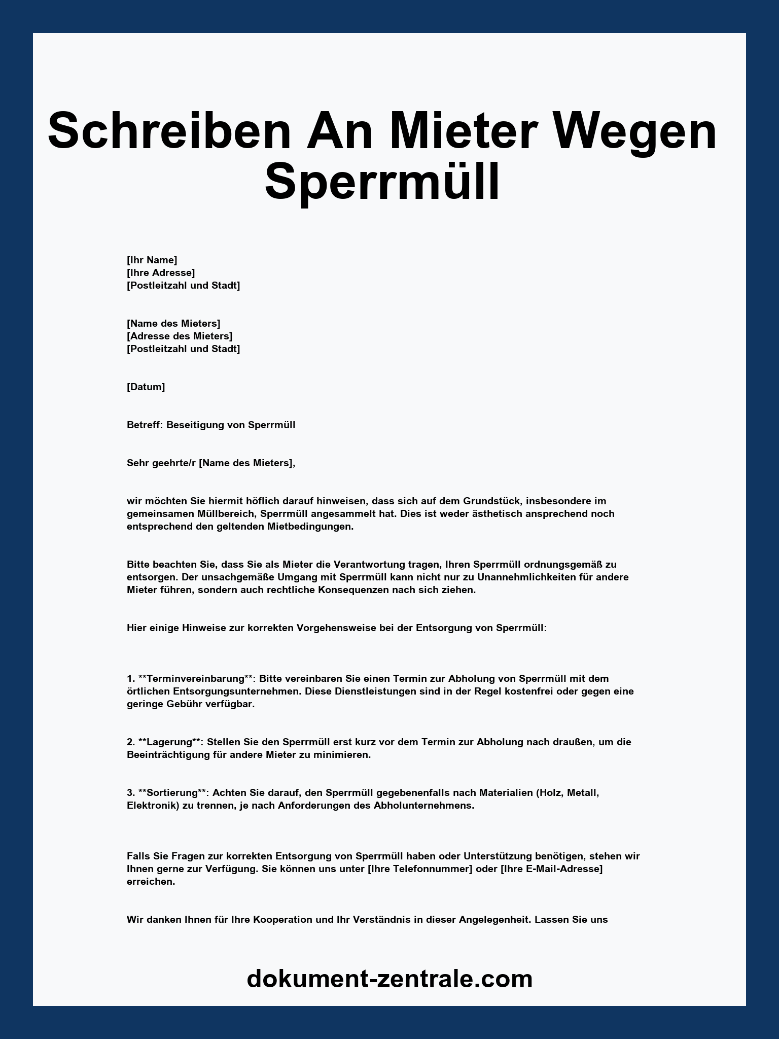 Schreiben An Mieter Wegen Sperrmüll