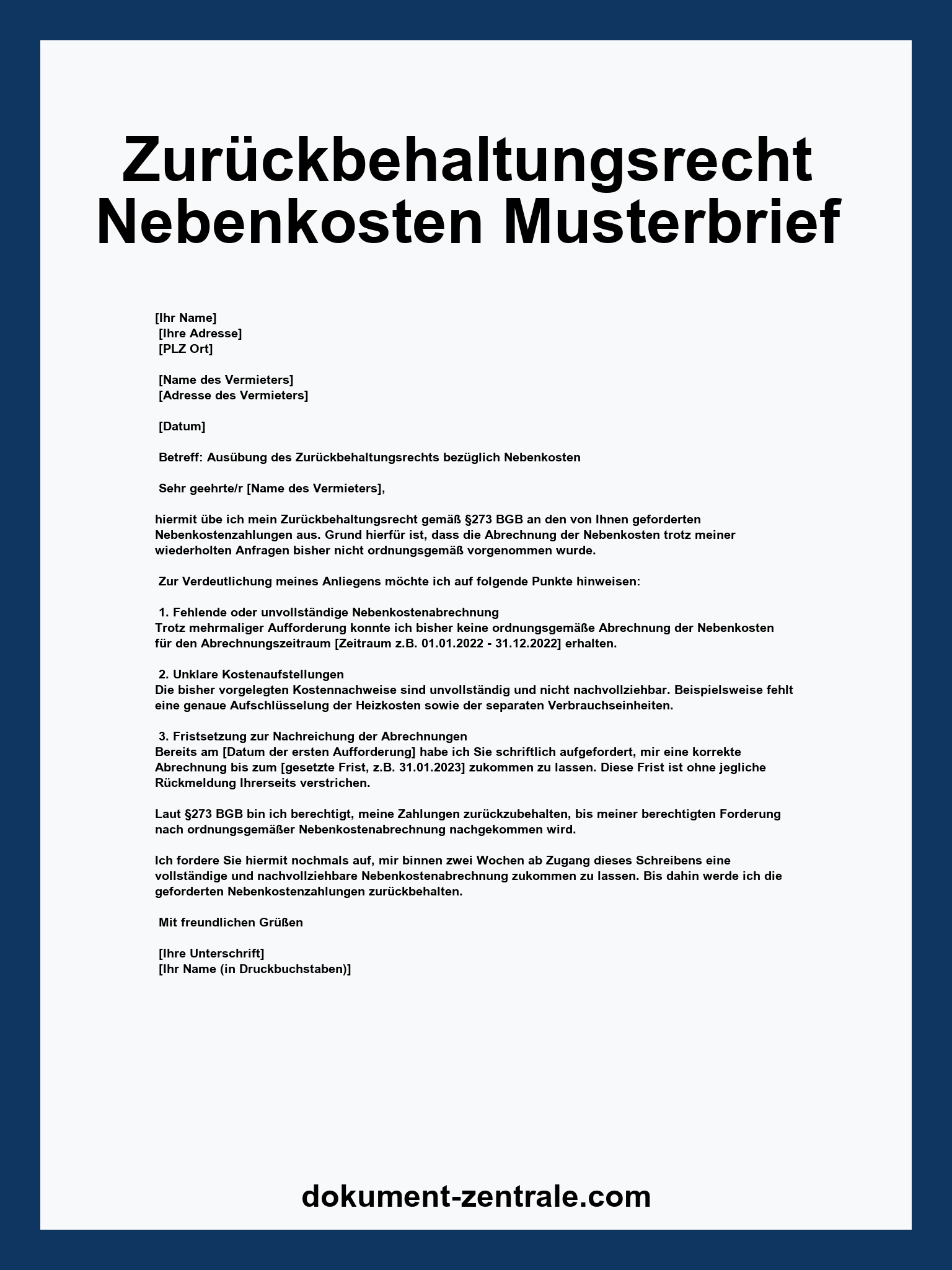 Zurückbehaltungsrecht Nebenkosten Musterbrief